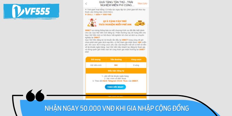 Người chơi mới sẽ nhận ngay khoản tiền thưởng 50.000 VNĐ.